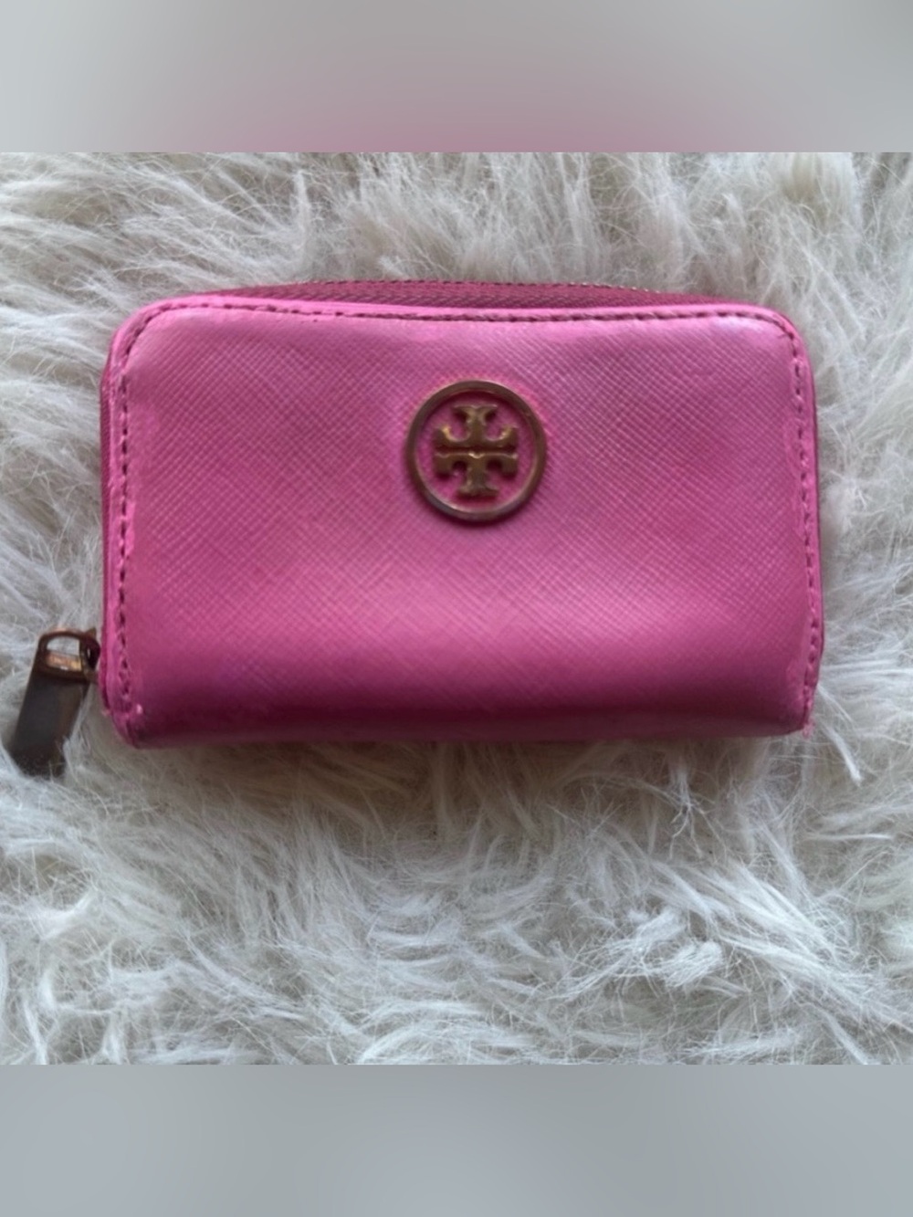 Tory Burch Hot Pink Zip Around Card Holder mini wallet  key ring holder